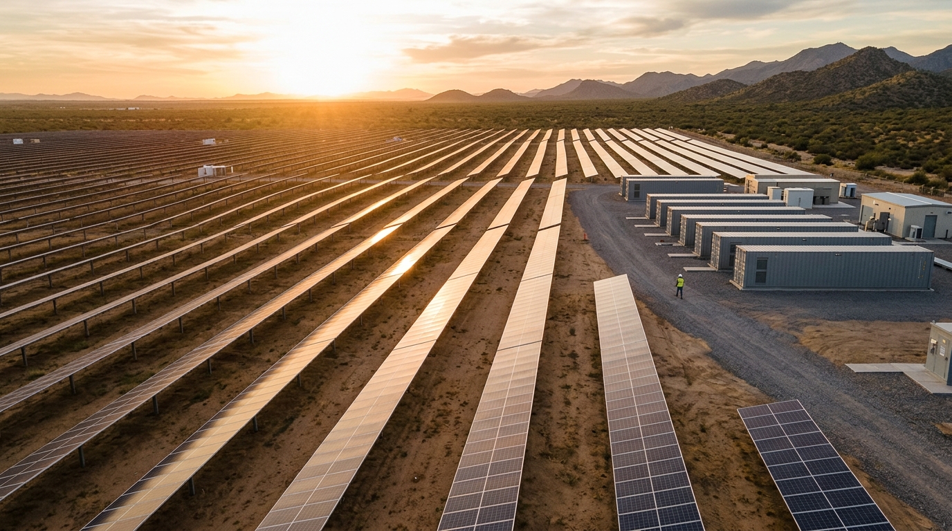 Paneles solares de energía renovable en México con baterías al atardecer