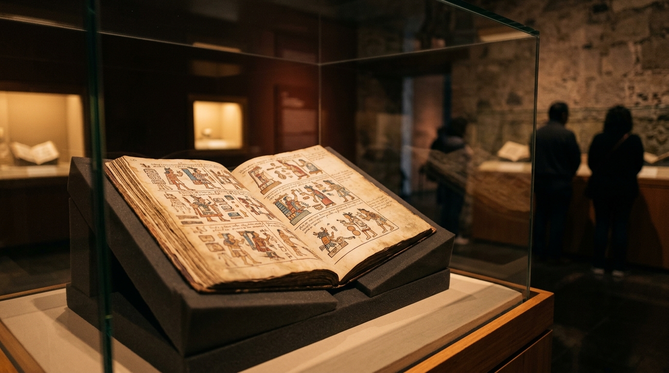 Vitrina del Museo Nacional de Antropología con el Códice Azcatitlan iluminado