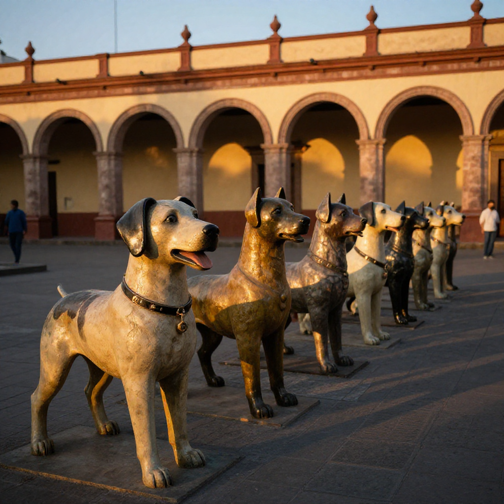 Esculturas de perro chihuahueño en la Plaza de Armas durante el FICUU 2026