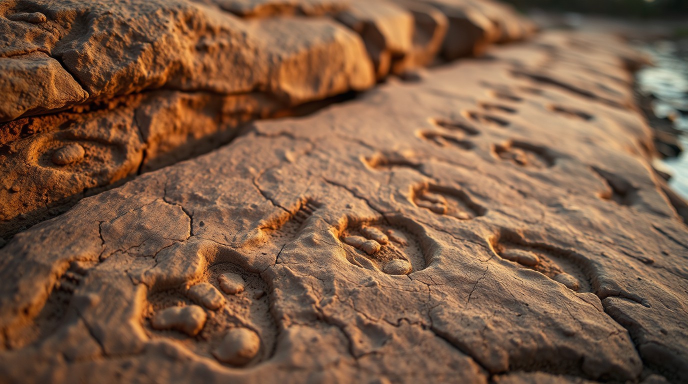 Huellas fosilizadas de dinosaurio sobre roca sedimentaria junto a un arroyo en Michoacán