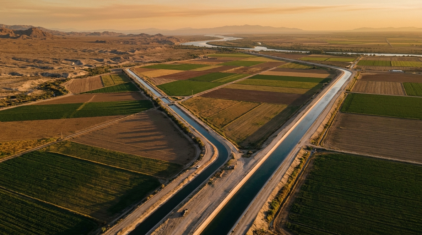 Canales de riego del río Colorado en el Valle de Mexicali al amanecer