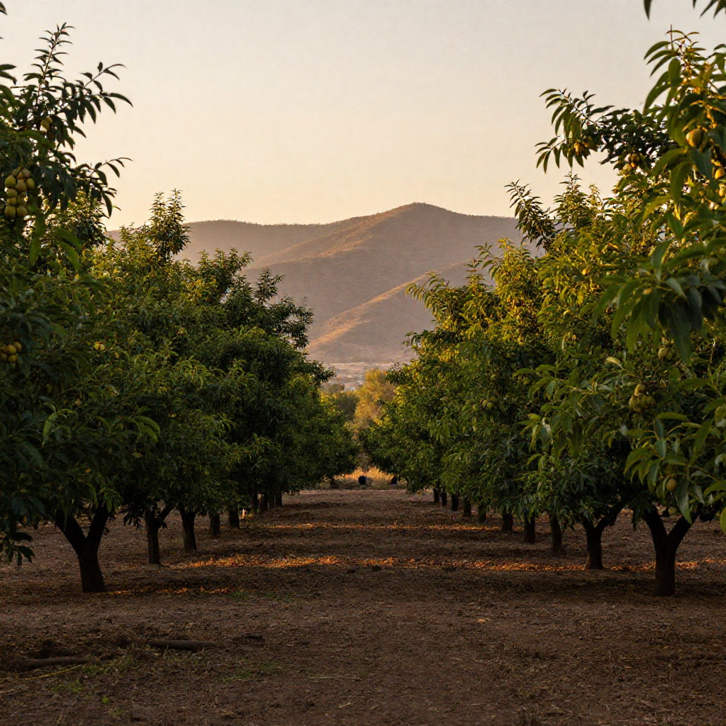 Huerta de nogales durante la producción de nuez en Chihuahua al amanecer