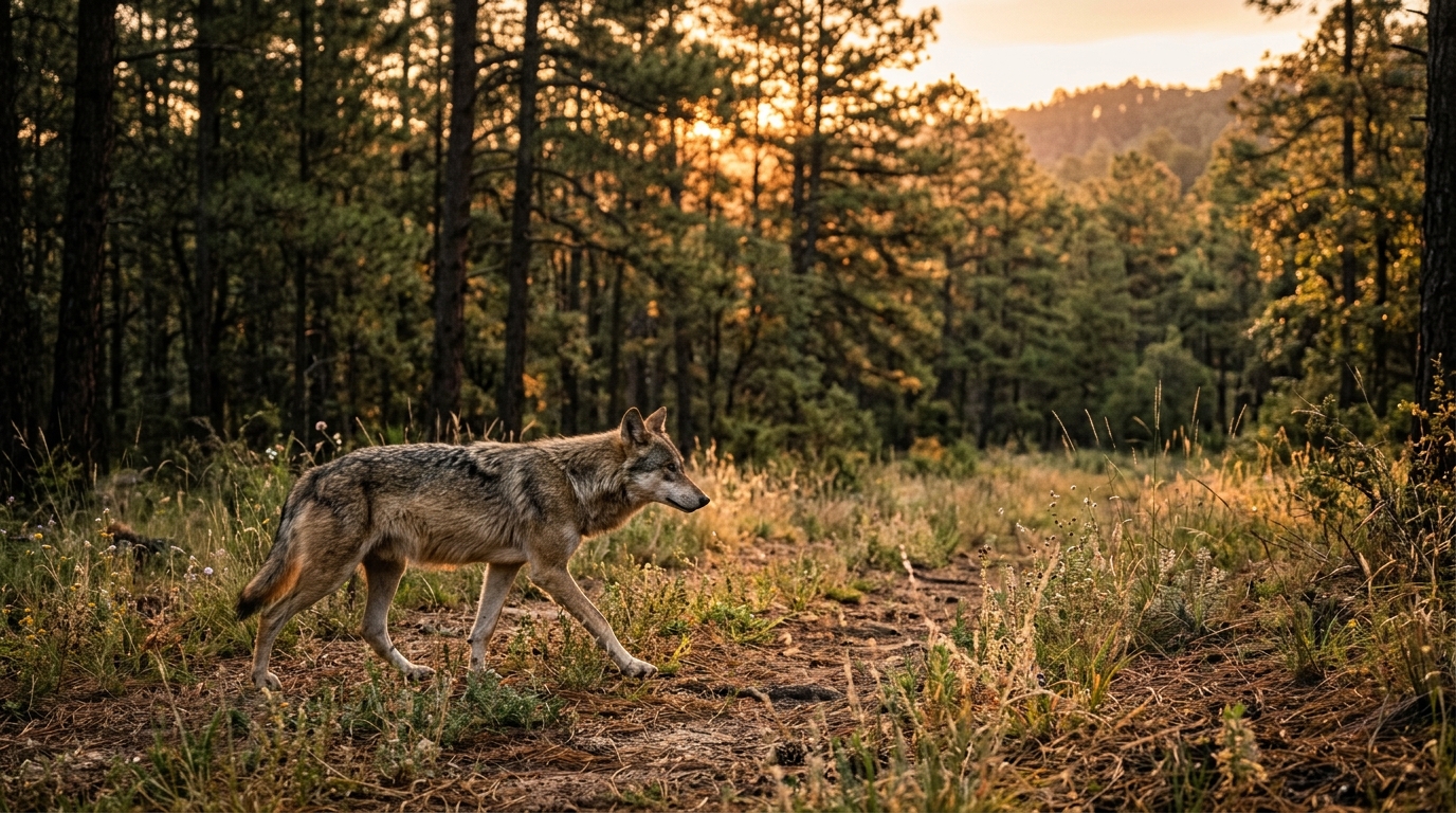 Lobo mexicano caminando en bosque de pino y encino al amanecer